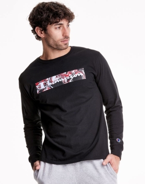 Black Champion Classic Long Sleeve Jersey Liquid Filled Block Men's T-Shirts | ISUNFA094