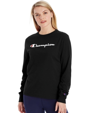 Black Champion Classic Long-Sleeve Script Logo Women's T-Shirts | SJQGXU032