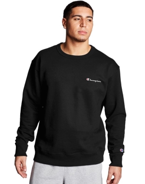 Black Champion Powerblend Fleece Crew Script Logo Men's Sweatshirts | OQKNHJ849