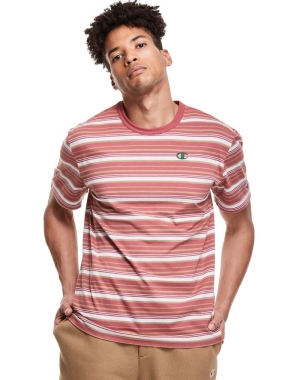 Coral / White Champion Yarn-Dye Stripe C Logo Men's T-Shirts | NVGUMT850