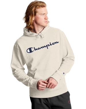 Cream Champion Powerblend Fleece Script Logo Men's Hoodie | HJDSVA398