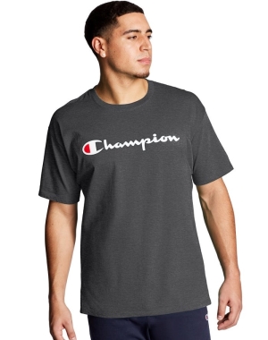 Dark Grey Champion Classic Jersey Script Logo Men's T-Shirts | JHAOXK032