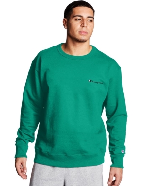 Green Champion Powerblend Fleece Crew Script Logo Men's Sweatshirts | JXKGIN769