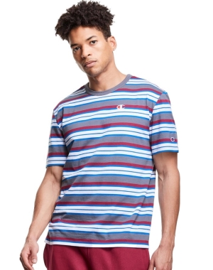Grey / White / Red Champion Yarn-Dye Stripe C Logo Men's T-Shirts | EBLOFK294