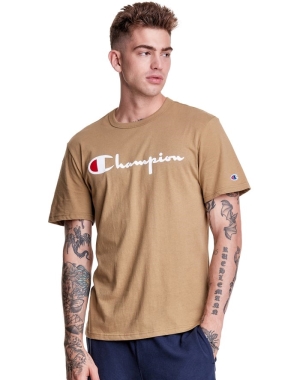 Khaki Champion Lightweight Script Logo Men's T-Shirts | BGVEFR983