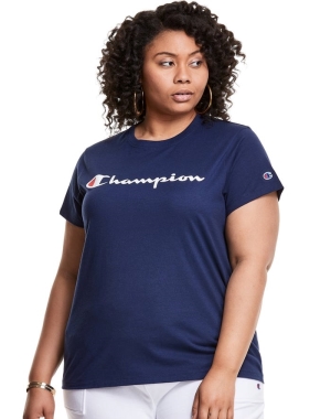 Navy Champion Plus Classic Script Logo Women's T-Shirts | SZJACP670