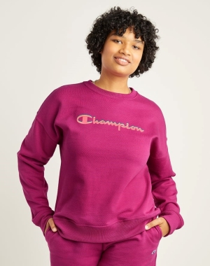 Pink Champion Powerblend Fleece Relaxed Crew Script Logo Women's T-Shirts | MUFVHQ348