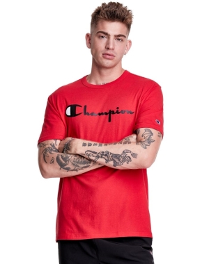 Red Champion Lightweight Script Logo Men's T-Shirts | RKSVHT418