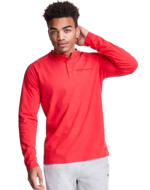 Red Champion Long Sleeve Henley Men's T-Shirts | PVEMST971
