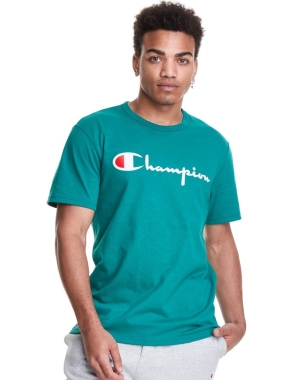 Turquoise Champion Heritage Vintage Logo Men's T-Shirts | DJPQNX250