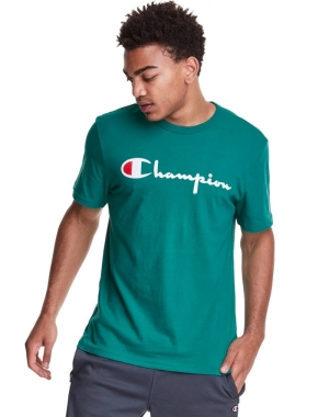 Turquoise Champion Lightweight Script Logo Men's T-Shirts | KVCNJI015
