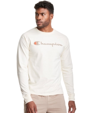 White Champion Classic Long-Sleeve Script Logo Men's T-Shirts | PTEDJA746
