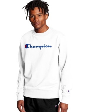 White Champion Powerblend Crew Script Logo Men's Sweatshirts | QFBUVR059
