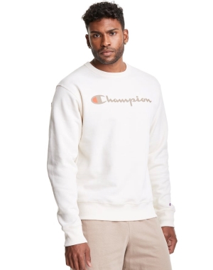 White Champion Powerblend Fleece Crew Script Logo Men's Sweatshirts | SJZQDA019