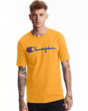 Yellow Champion Heritage Vintage Logo Men's T-Shirts | ZJPBXD957