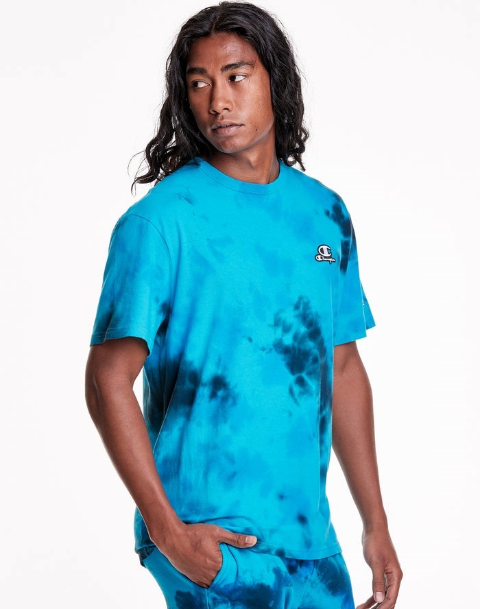 Blue / Black Champion Astro Dye Embroidered C Logo & Script Applique Men's T-Shirts | VNSRDW641