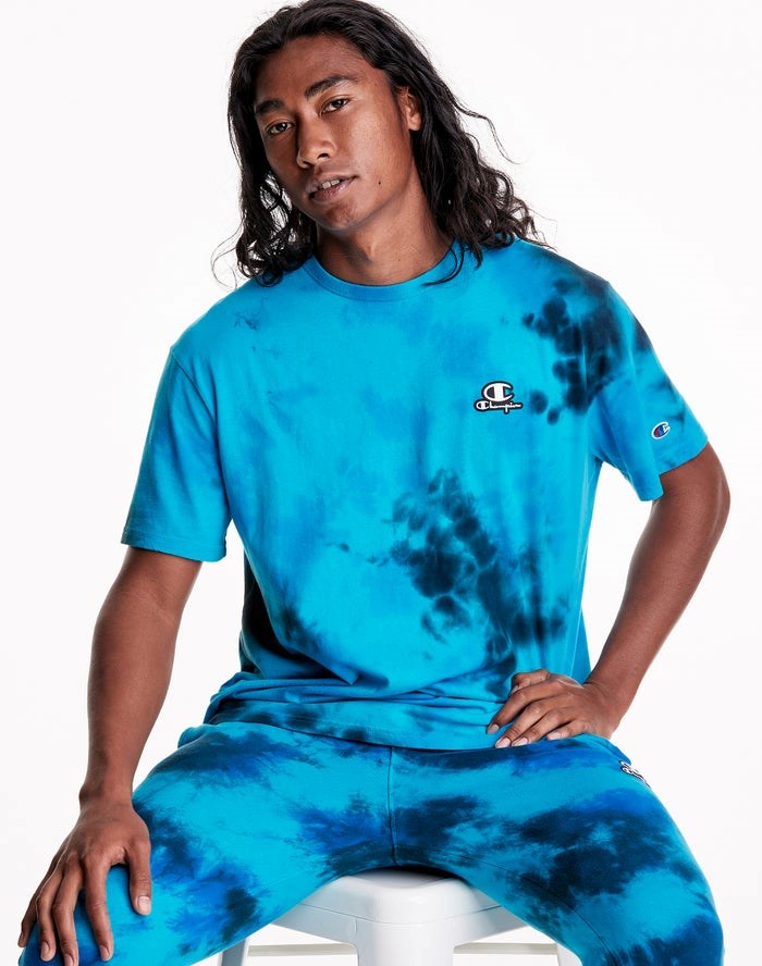 Blue / Black Champion Astro Dye Embroidered C Logo & Script Applique Men's T-Shirts | VNSRDW641
