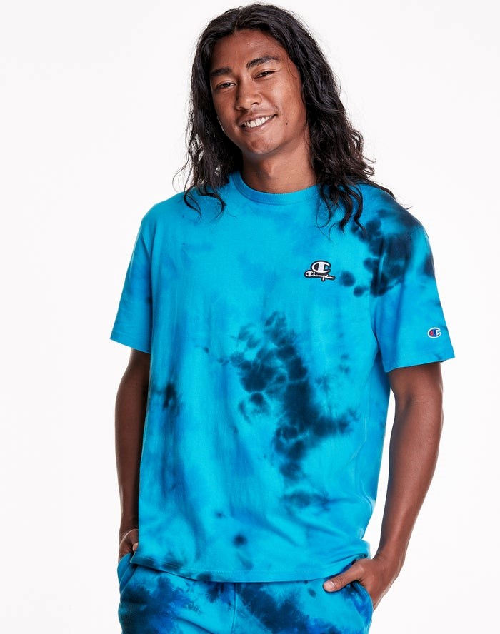 Blue / Black Champion Astro Dye Embroidered C Logo & Script Applique Men\'s T-Shirts | VNSRDW641