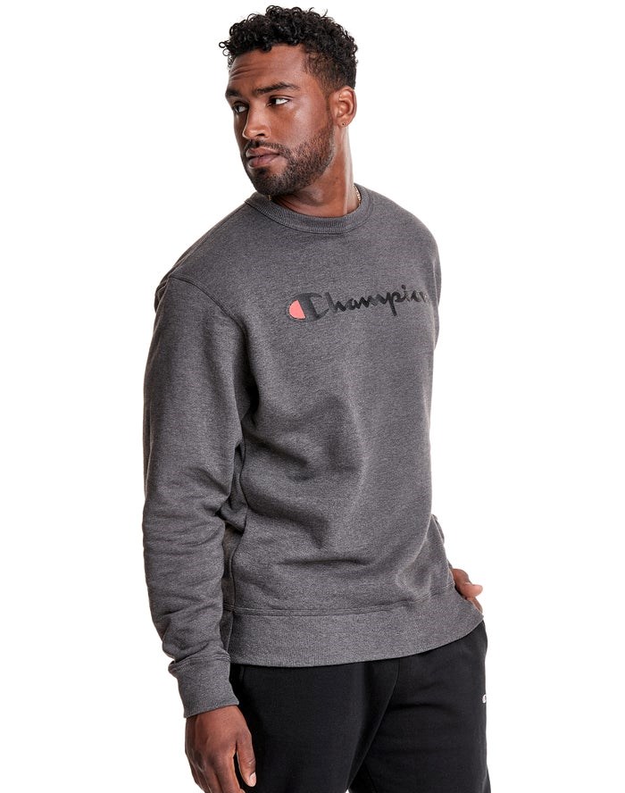 Dark Grey Champion Powerblend Crew Script Logo Men's Sweatshirts | HEIVSO076