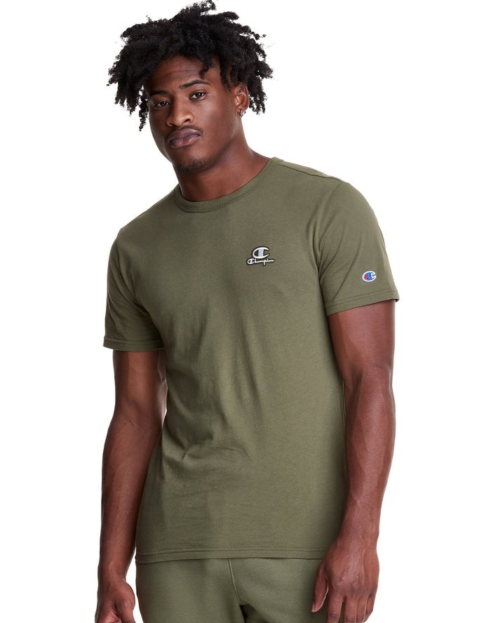 Olive Champion Lightweight C Logo Applique Men\'s T-Shirts | HCPZGT260